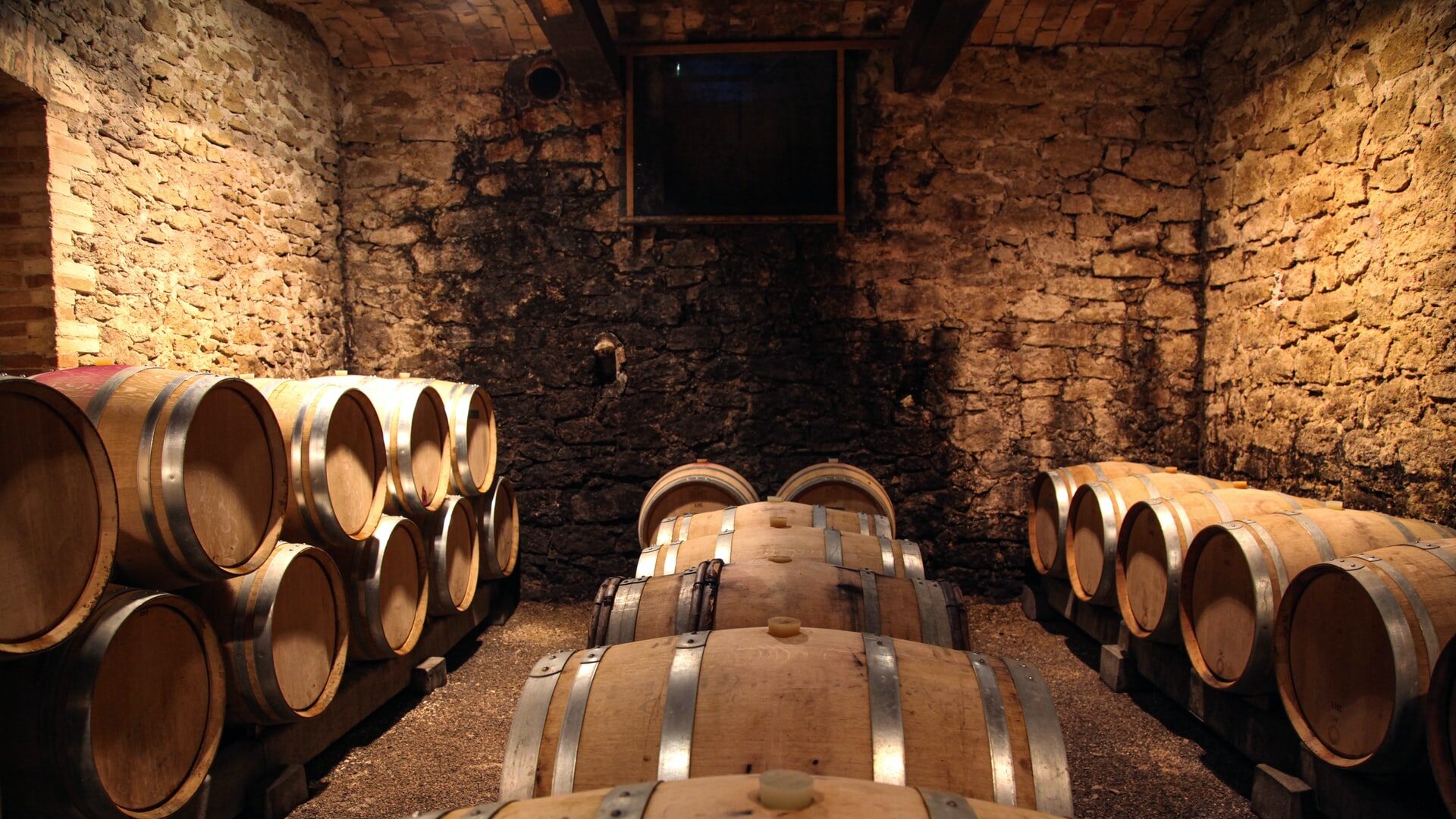 Barrels in aging cellar